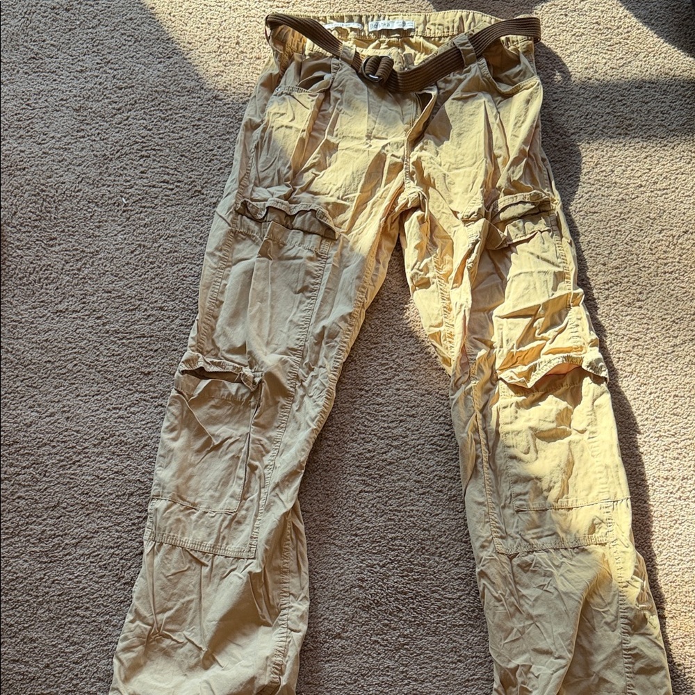 Bershka Light Beige Cargo Trousers with Webbed Belt